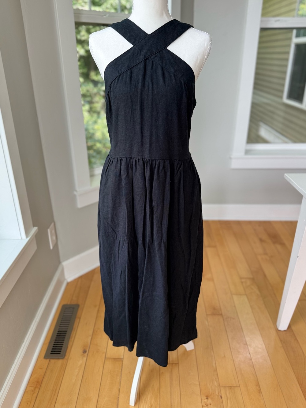 A New Day Black Linen Rayon Cross Front Midi Dress Size Large